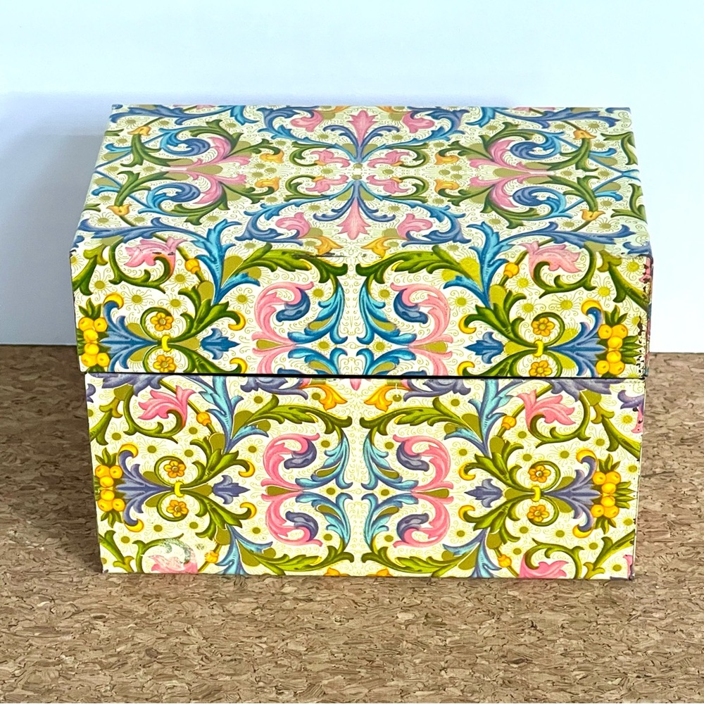 Vintage Tin Recipe Box Fleur-De-Lis Pattern Yellow Pink Blue Green MCM 60s 70d